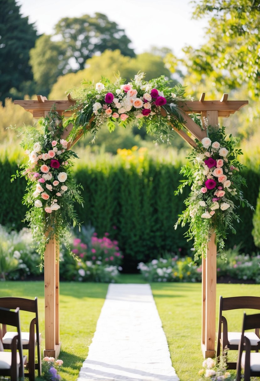 A wooden open-top floral arch stands in a lush garden, adorned with vibrant blooms and greenery, creating a romantic wedding setting