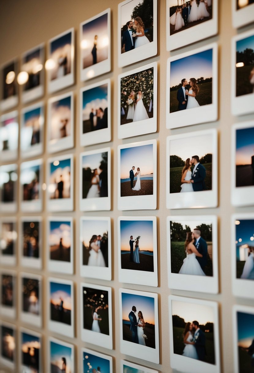 A wall adorned with Polaroid photos capturing wedding moments and ideas