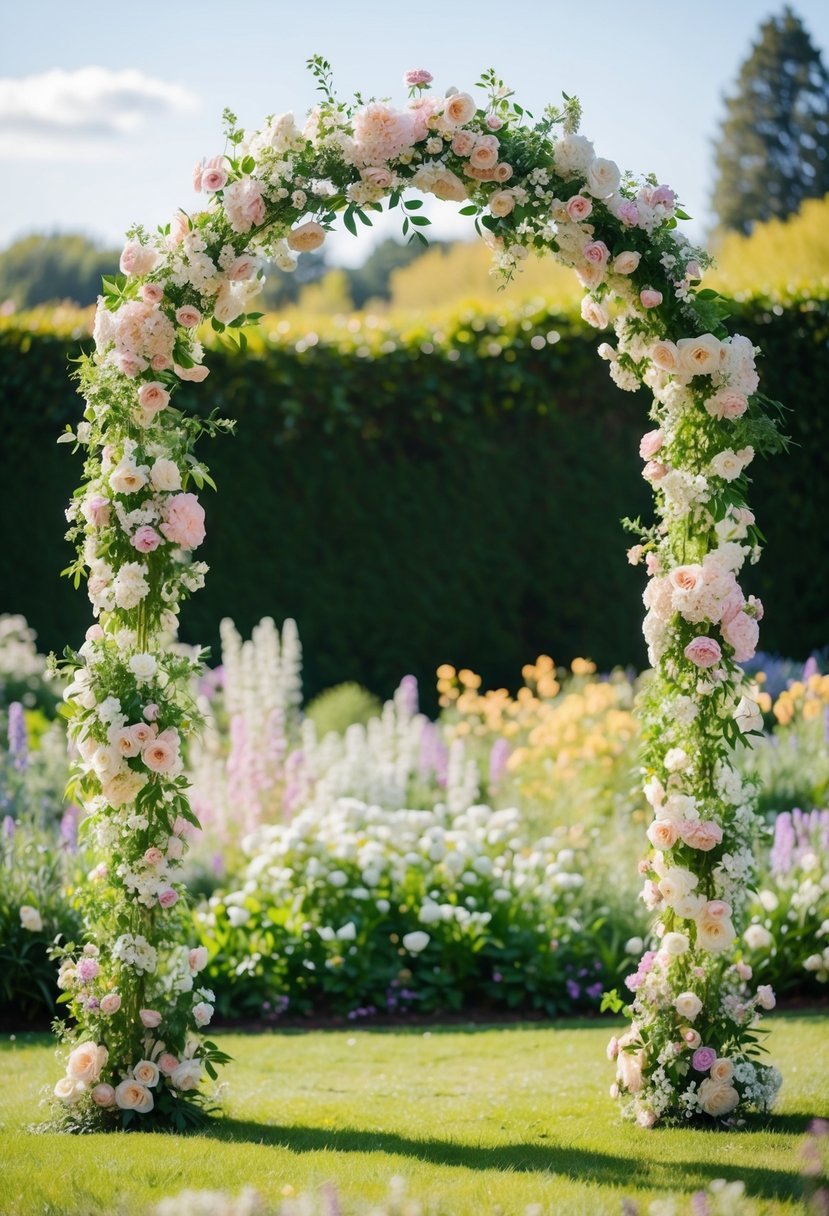 A delicate flower arch stands in a sunlit garden, adorned with pastel blooms and greenery