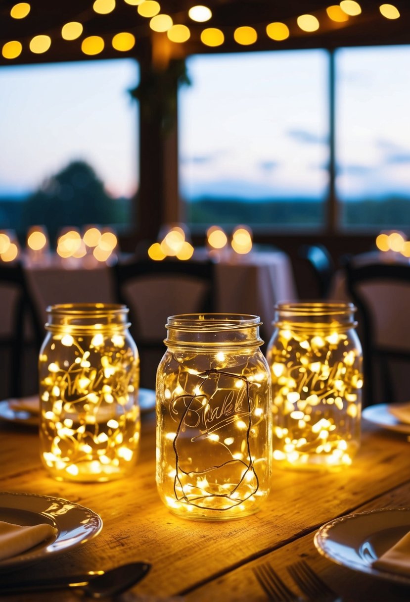 Mason jars filled with fairy lights illuminate a rustic wedding table, creating a magical and budget-friendly centerpiece