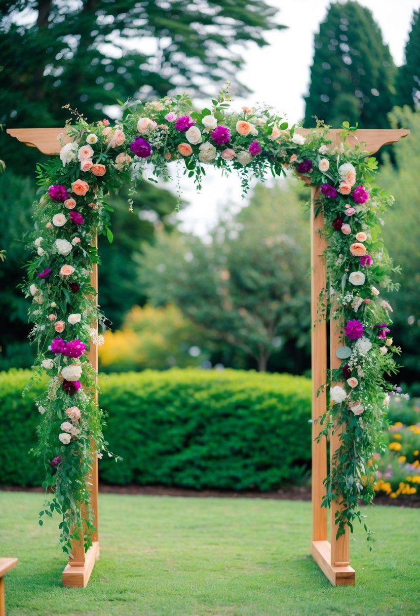 A wooden wedding arch adorned with vibrant flowers and greenery, grounded in a lush garden setting