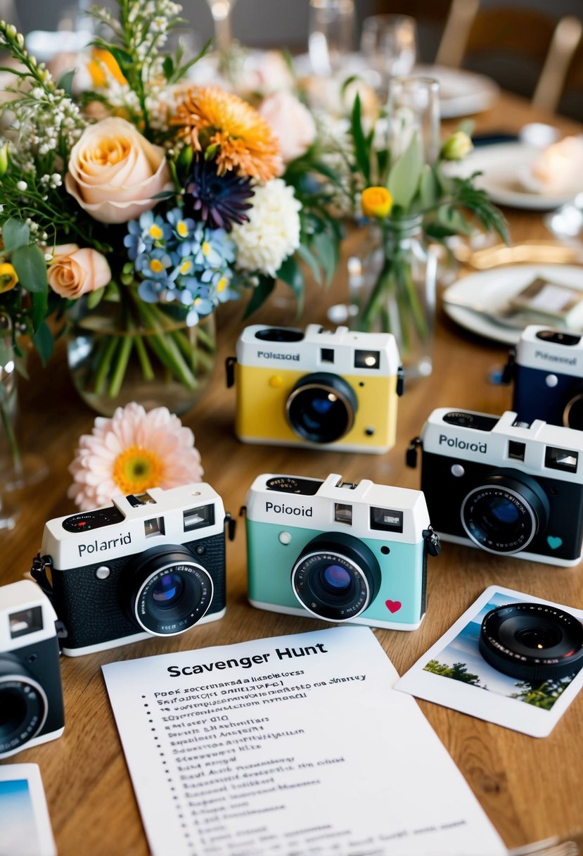 A table scattered with Polaroid cameras, flowers, and wedding decor. A list of scavenger hunt items sits nearby