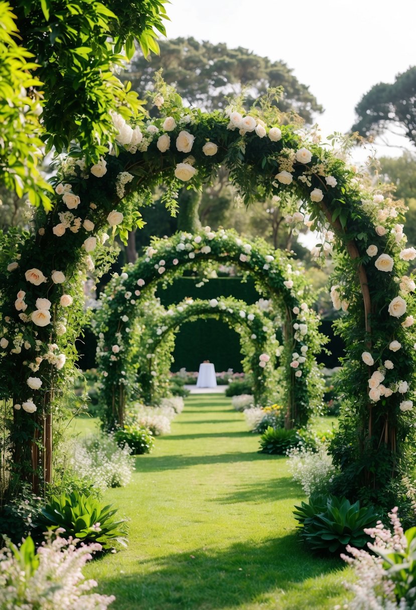 A lush garden with round archways intertwined with flowers and greenery, creating a romantic and whimsical setting for a wedding ceremony