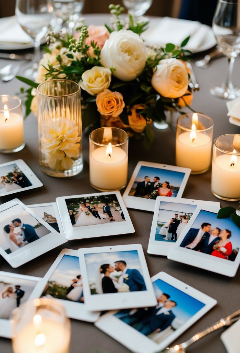 A table scattered with Polaroid snapshots of wedding moments, surrounded by flowers and candles