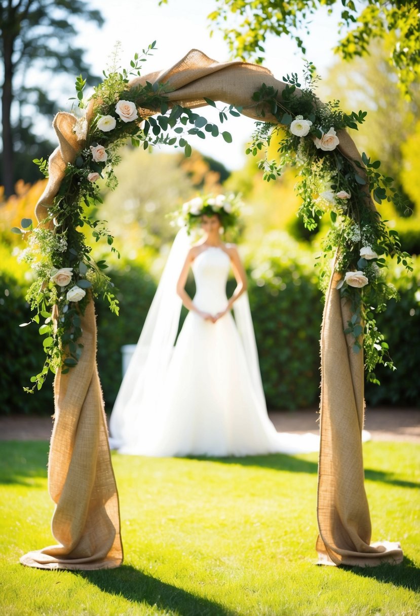 A rustic burlap arch adorned with greenery and flowers stands in a sunlit garden, ready for a romantic wedding ceremony