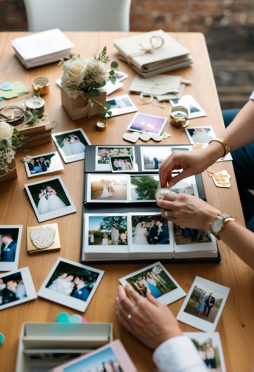 A table scattered with Polaroid photos, wedding mementos, and craft supplies, with a couple's hands arranging the items into a scrapbook