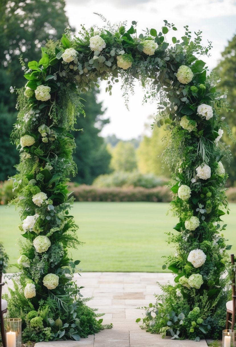 A lush, asymmetrical wedding arch adorned with various shades of greenery and foliage, creating a natural and organic design