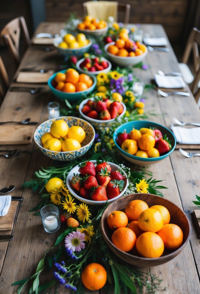 A rustic wooden table adorned with vibrant, fresh fruits like oranges, lemons, and strawberries arranged in decorative bowls and baskets. Wildflowers and greenery complement the colorful centerpiece