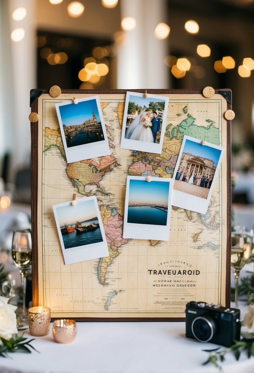 A vintage map with Polaroid photos pinned on it, surrounded by travel-themed wedding decor