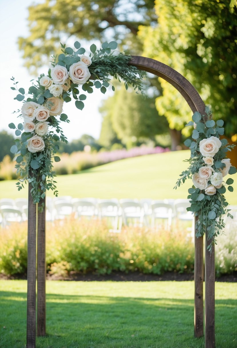 A rustic wedding arch adorned with artificial dusty rose flowers stands in a sunlit garden