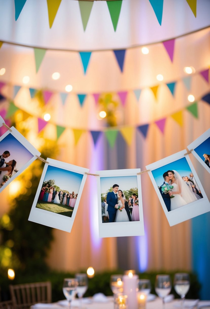 Colorful Polaroid bunting banners hang above a wedding reception, adding a playful and nostalgic touch to the decor