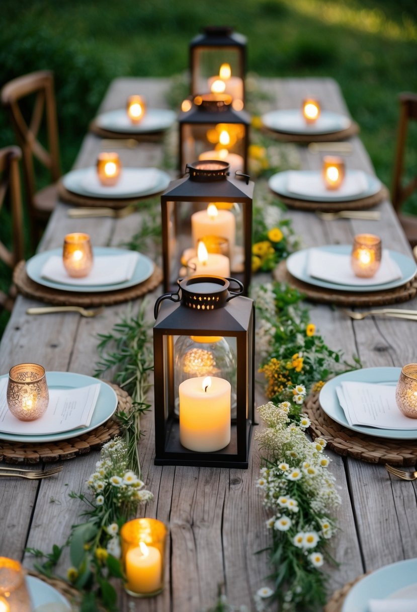 A rustic wooden table adorned with handmade lantern centerpieces, each holding a flickering candle. Wildflowers and greenery scattered around