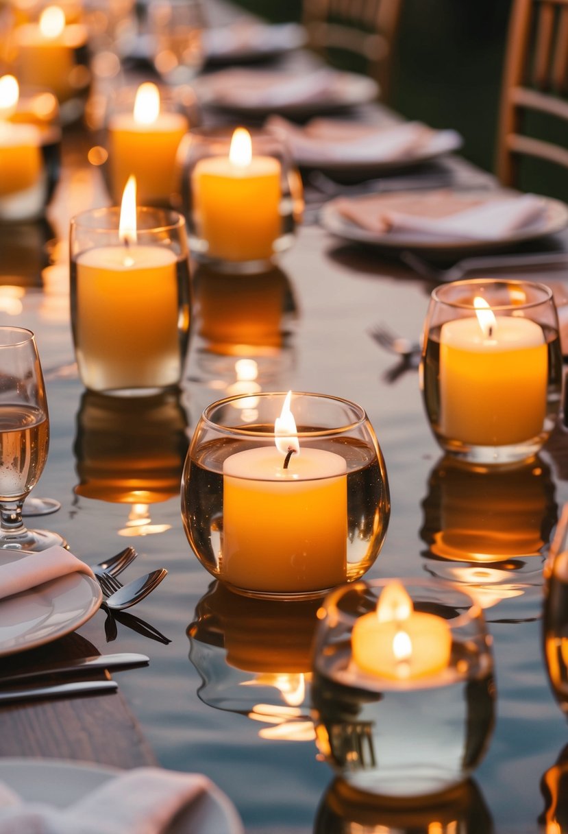 Floating candles in water bowls illuminate a wedding table, creating a warm and romantic ambiance