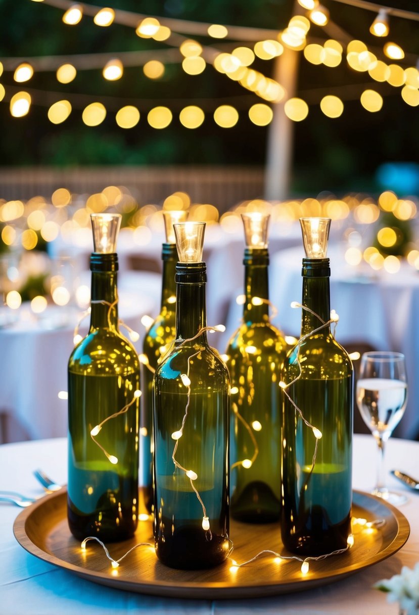 Recycled wine bottles adorned with fairy lights, arranged as wedding table centerpieces on a budget