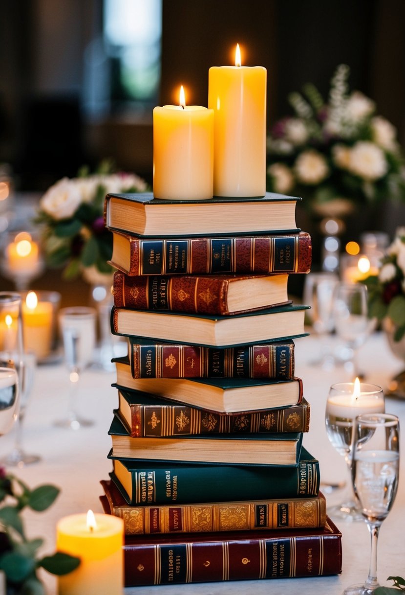 A stack of vintage books with candles on top, arranged as wedding table centerpieces