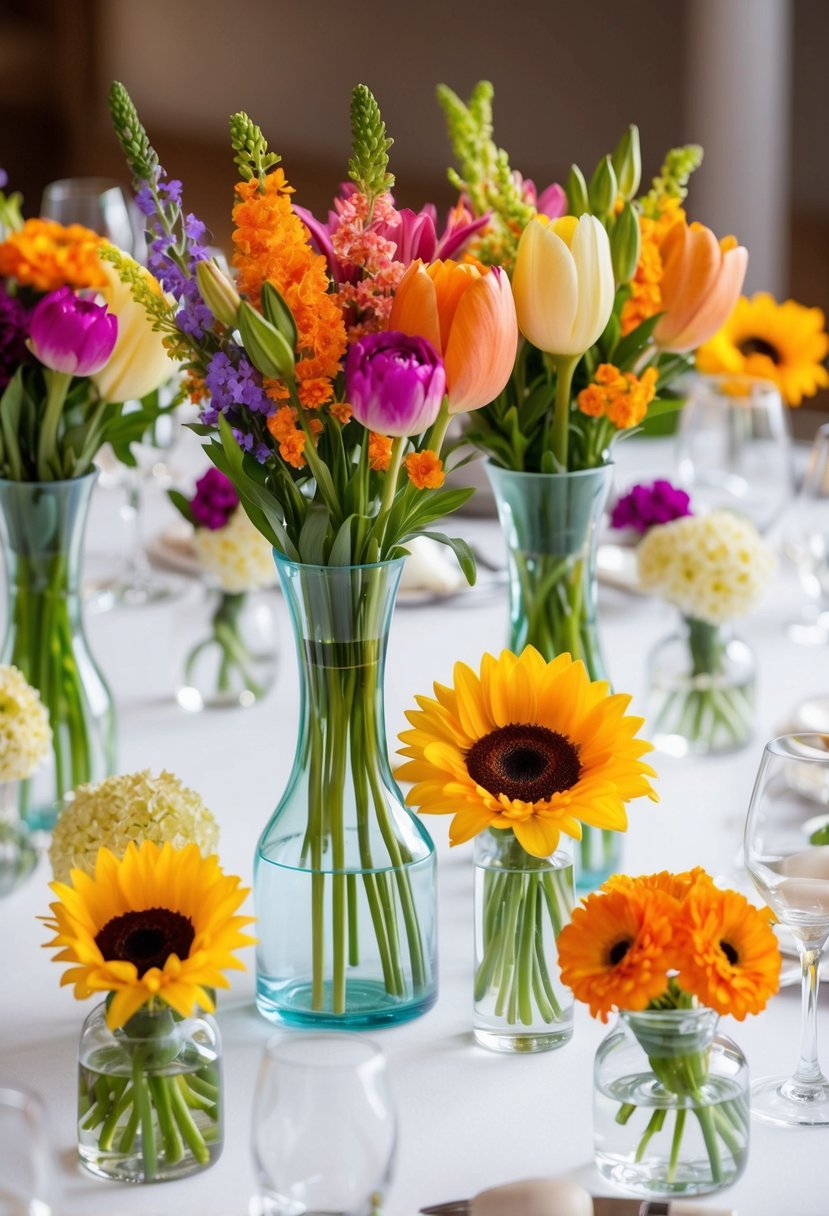 Glass vases filled with colorful seasonal flowers arranged on a wedding table, creating elegant centerpieces on a budget