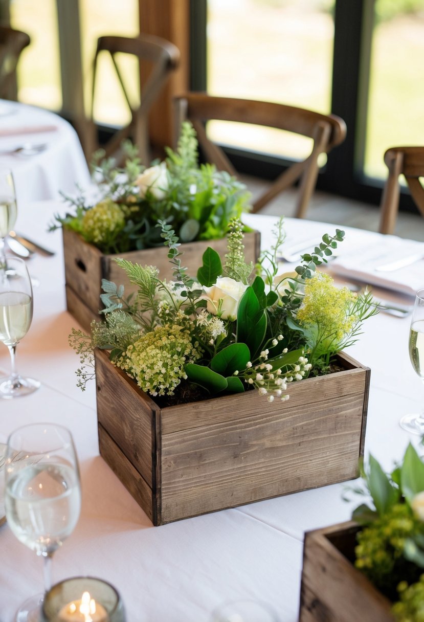 Rustic wooden boxes filled with greenery and wildflowers arranged as wedding table centerpieces on a budget