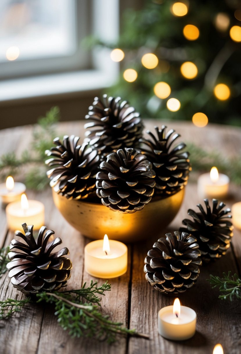 Metallic-painted pinecones arranged in a cluster atop a rustic wooden table, surrounded by flickering tea lights and delicate greenery