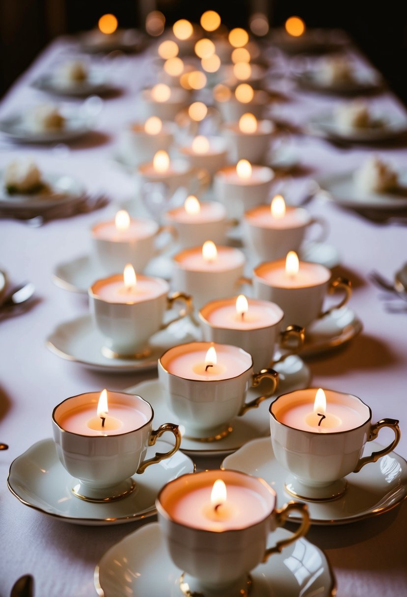 Teacups filled with tea light candles arranged as wedding table centerpieces