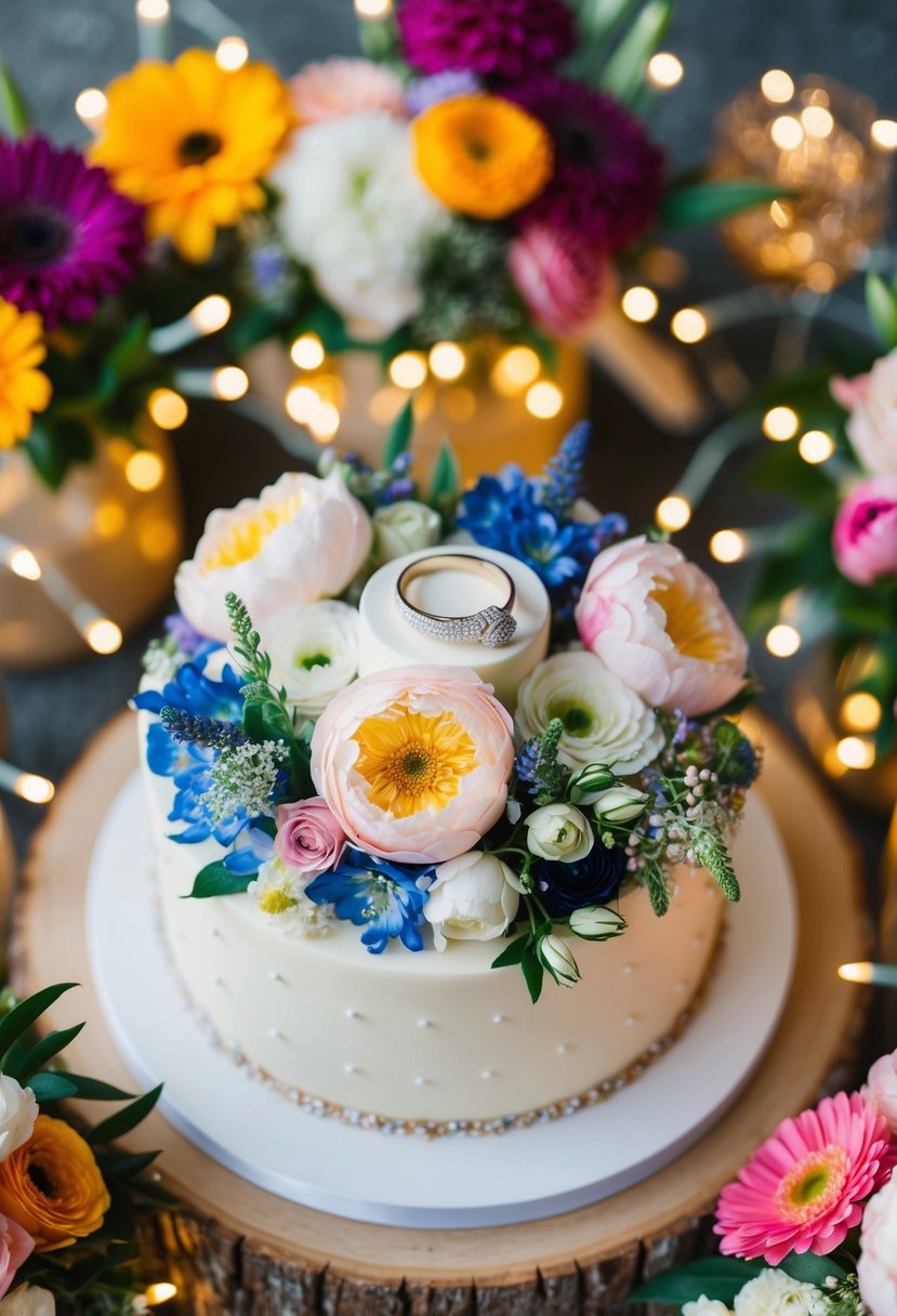 A colorful array of blooming flowers, elegant wedding rings, and a decorative wedding cake, all surrounded by twinkling fairy lights