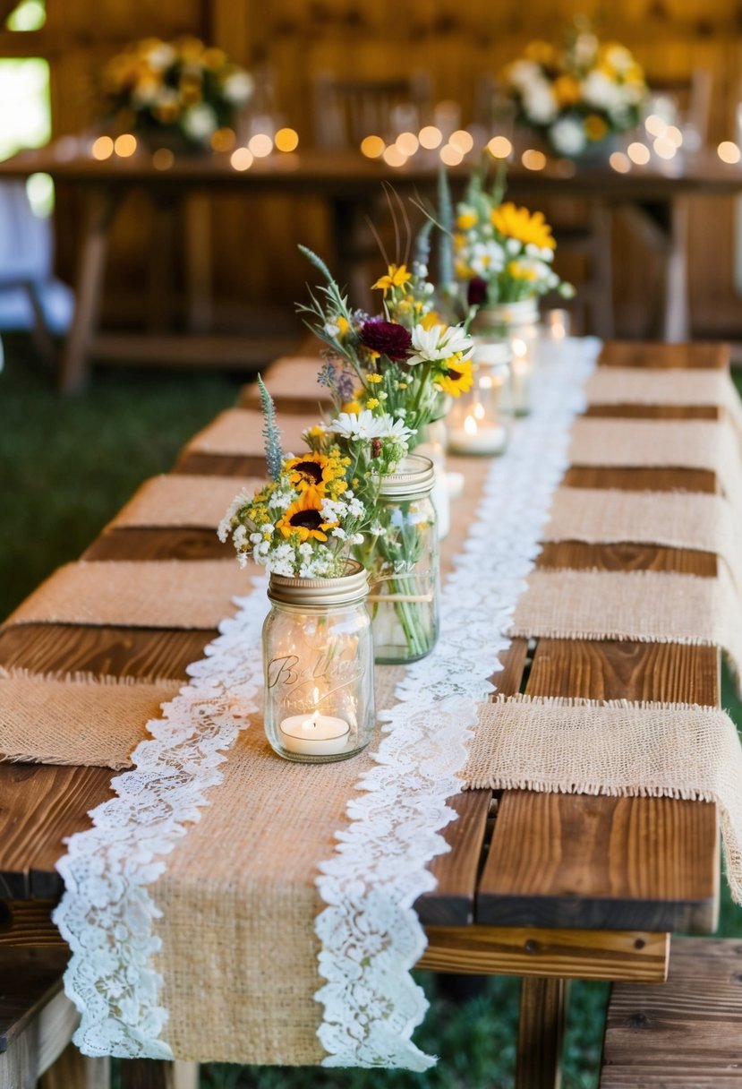 Burlap and lace table runners adorn rustic wooden tables, with mason jar centerpieces filled with wildflowers and candles, creating a charming wedding setting on a budget