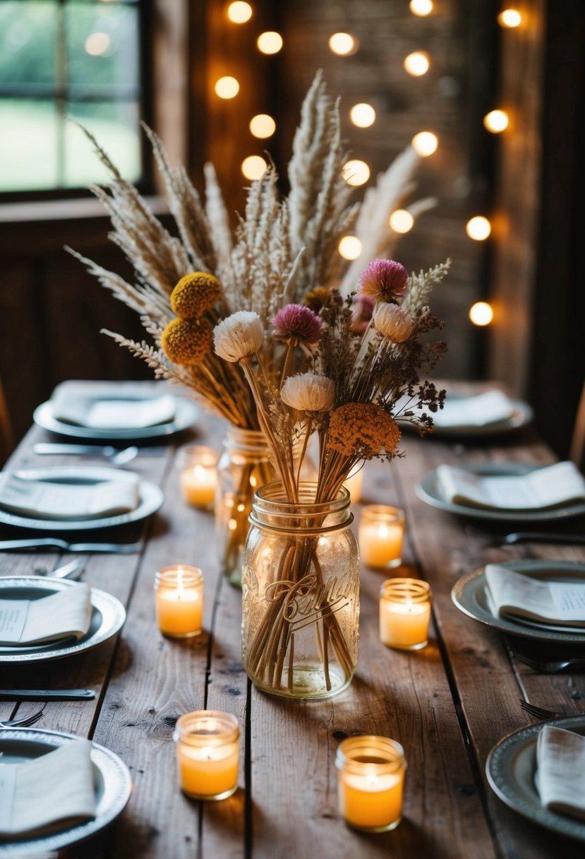 A rustic wooden table adorned with dried flower arrangements in mason jars, surrounded by flickering tea lights