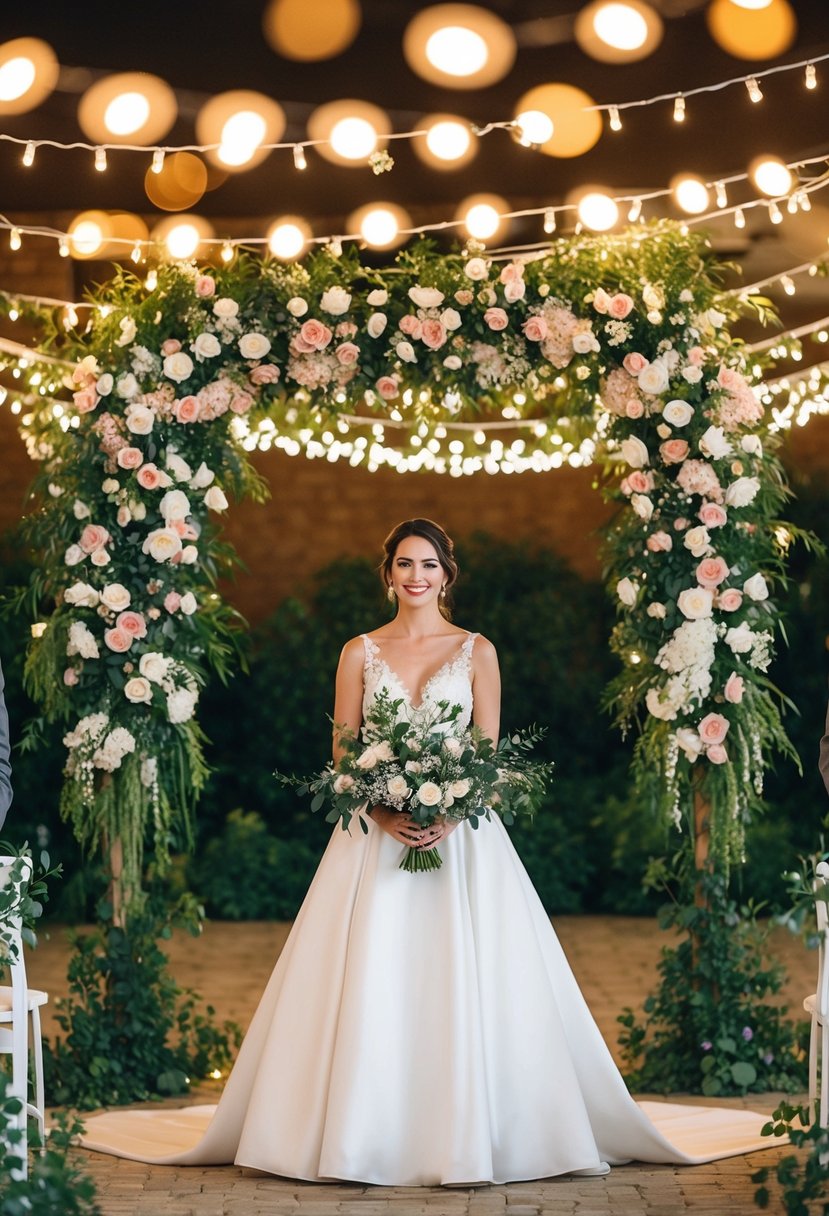 A beautiful wedding scene with a floral arch and twinkling lights