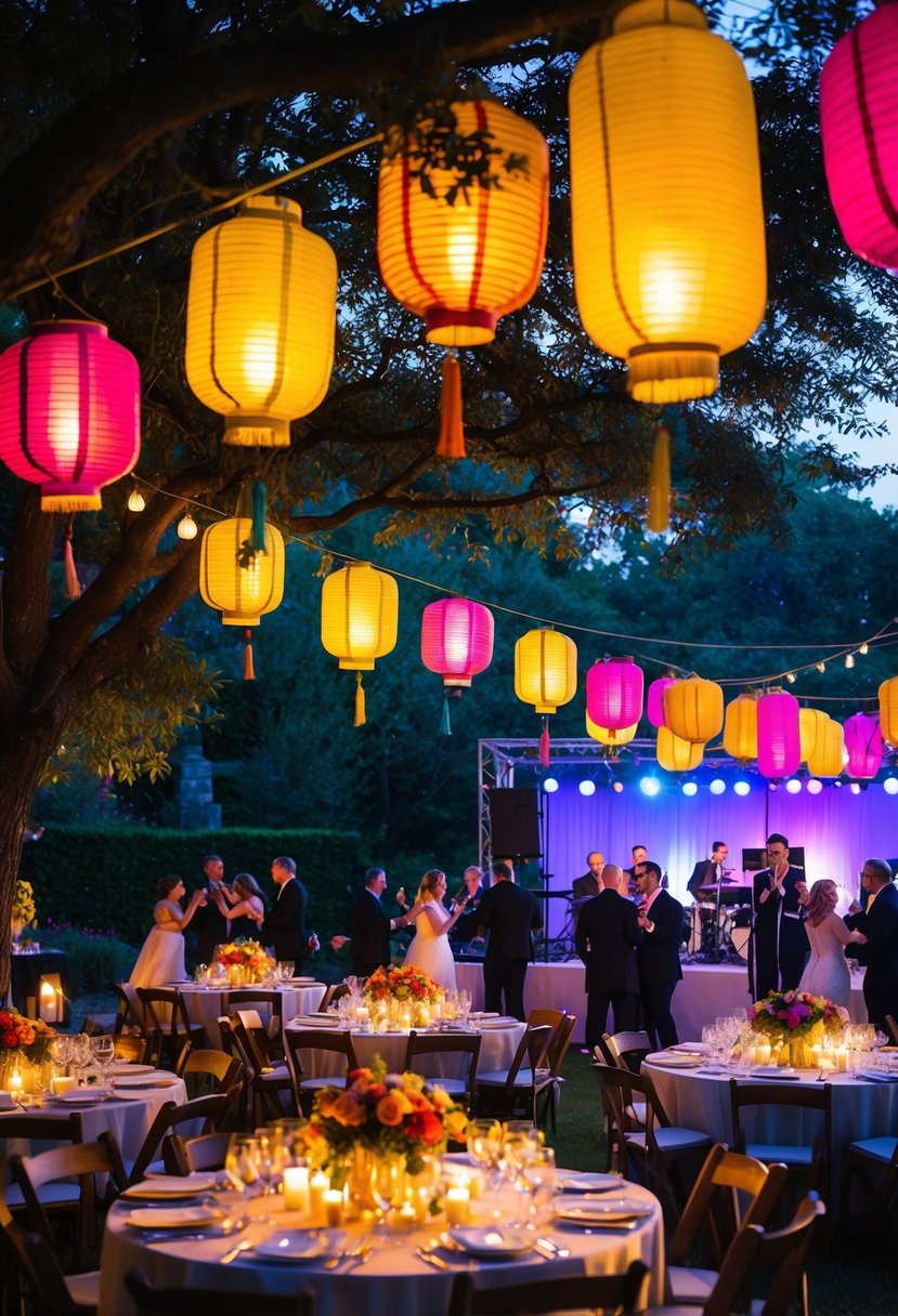 Colorful lanterns hang from trees in a garden, casting a warm glow over tables adorned with flowers and candles. A live band plays on a stage while guests dance and mingle