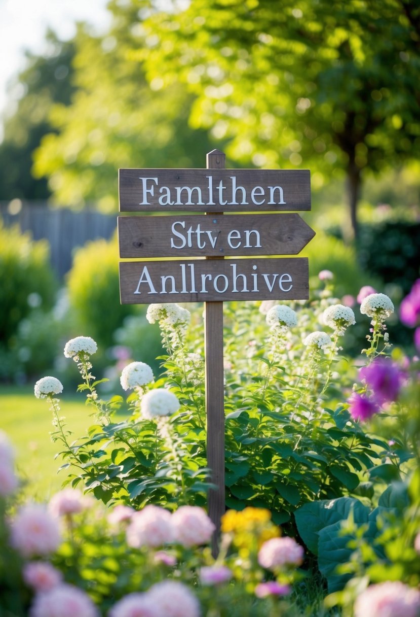 A serene garden setting with a rustic wooden sign surrounded by blooming flowers and a gentle breeze