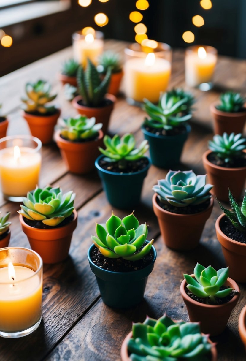 Mini succulent plants arranged in small pots, scattered across a rustic wooden table with soft candlelight