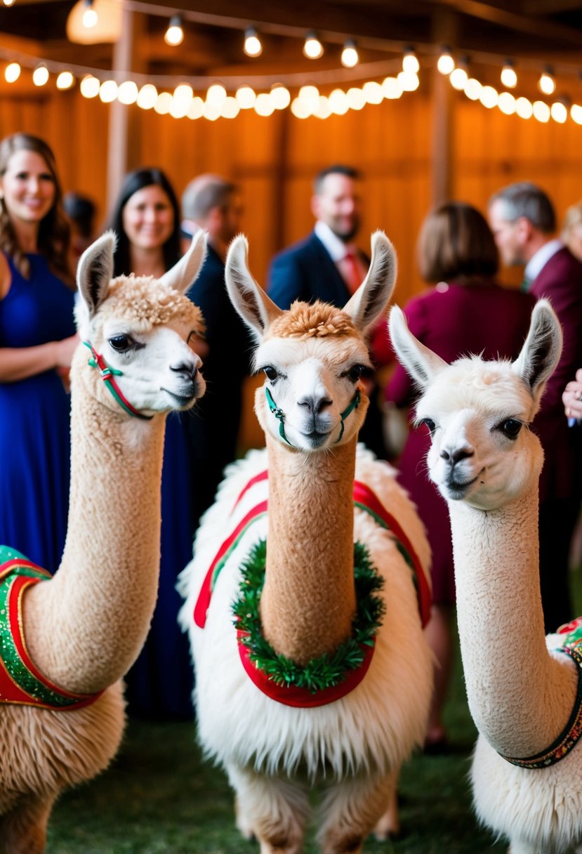 Llamas in festive attire mingle with guests at a petting zoo-themed wedding reception