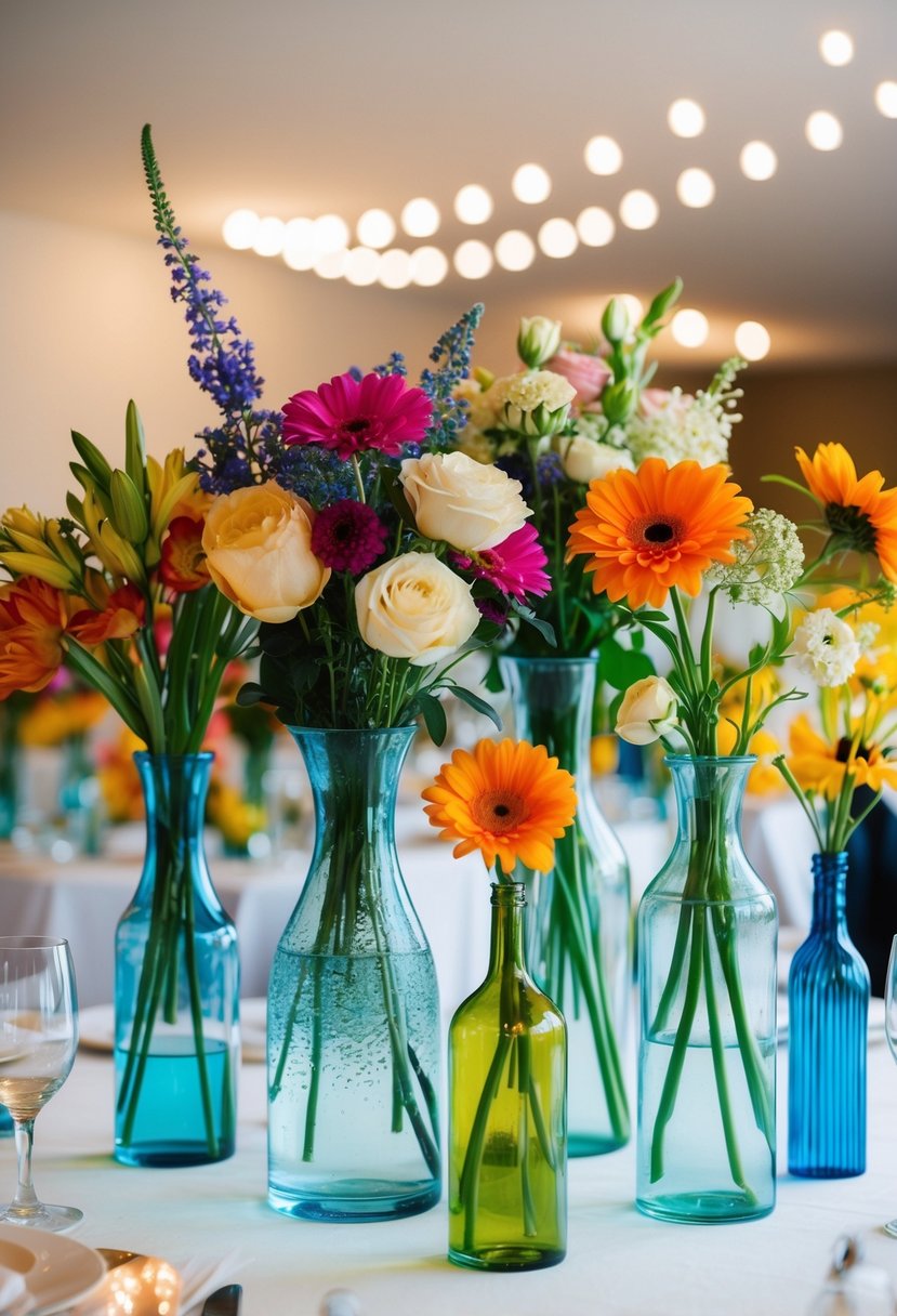 Various glass vases filled with colorful flowers arranged as wedding table centerpieces on a budget