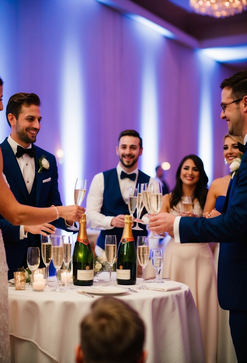 Champagne servers interact with guests at a lively wedding reception