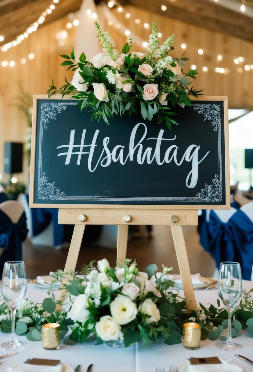 A beautiful wedding venue with a hashtag displayed on a chalkboard sign surrounded by flowers and decorative elements