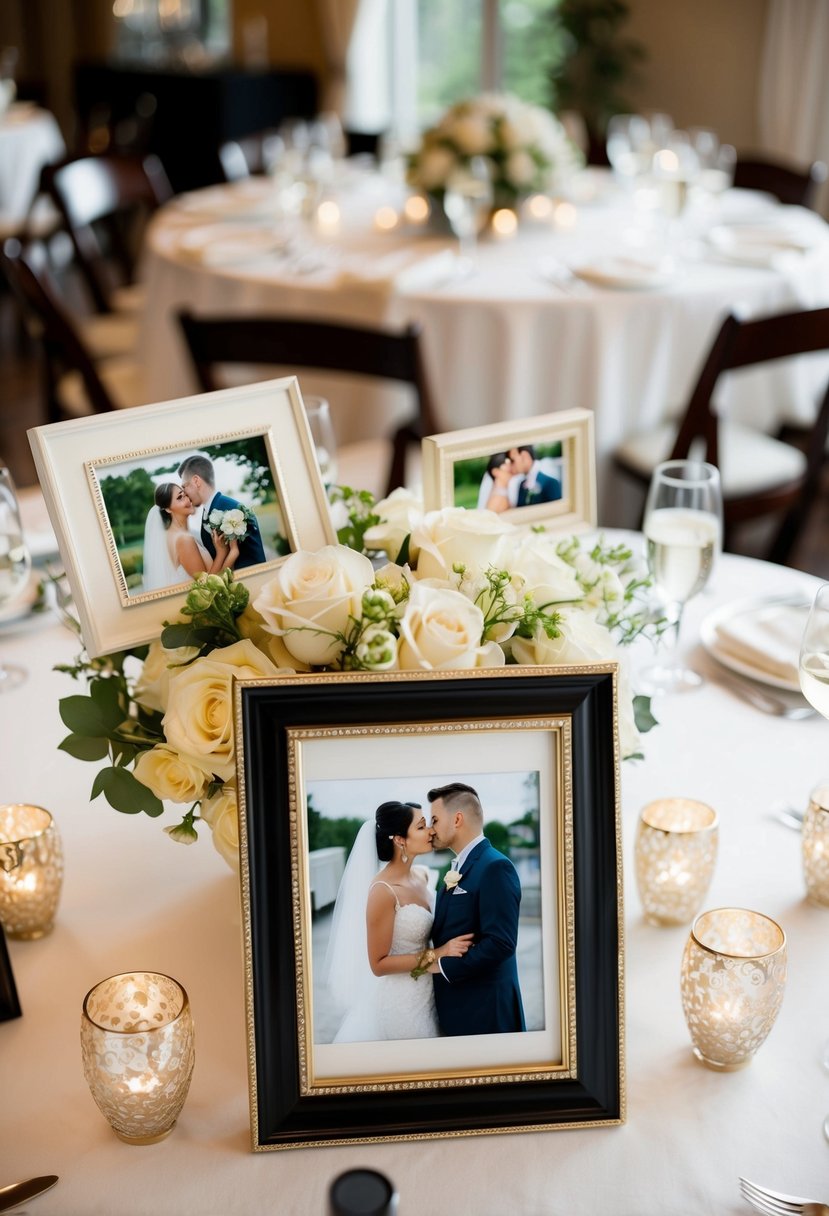 A table adorned with photo frames featuring the couple's pictures, surrounded by elegant wedding centerpieces on a budget