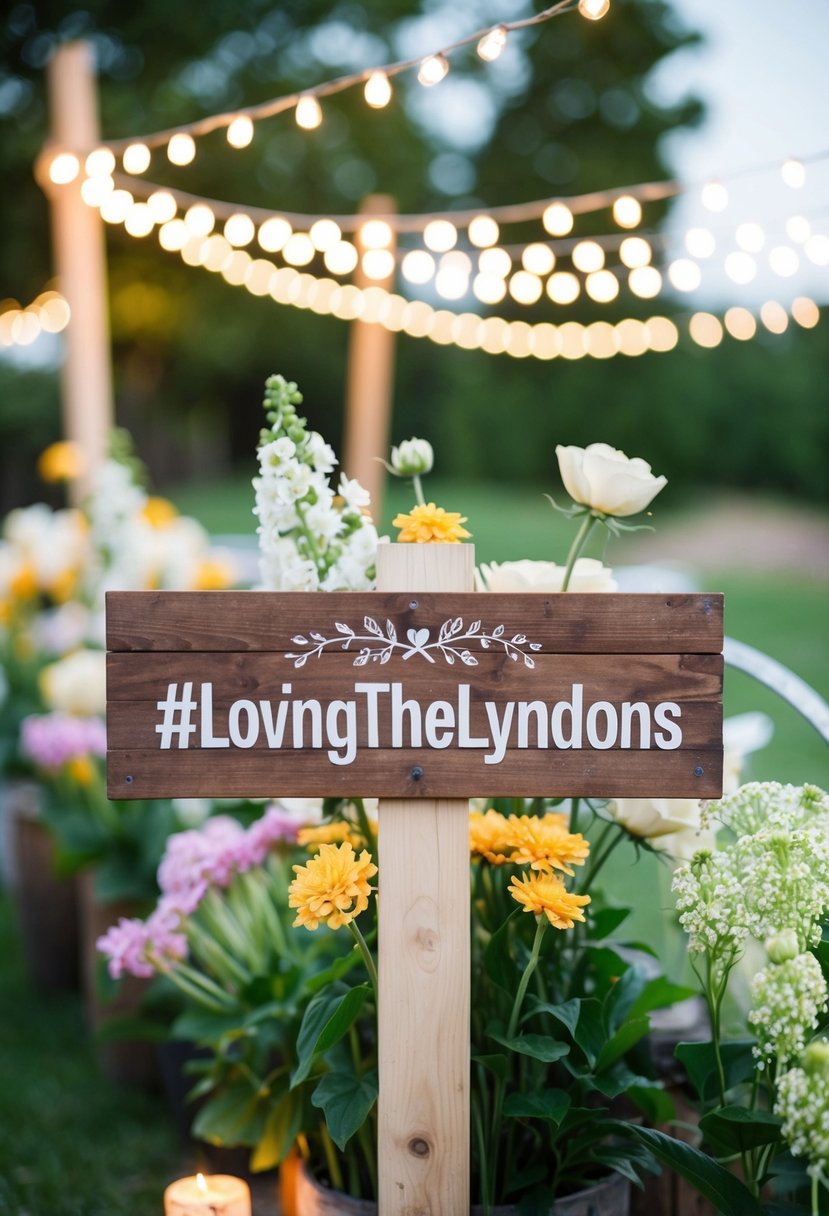 A rustic outdoor wedding setting with a wooden sign displaying the hashtag #LovingTheLyndons amidst blooming flowers and twinkling string lights