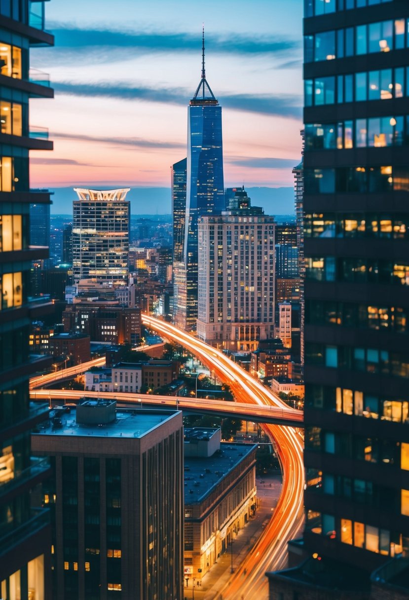 A colorful urban skyline with intertwining buildings and twinkling lights