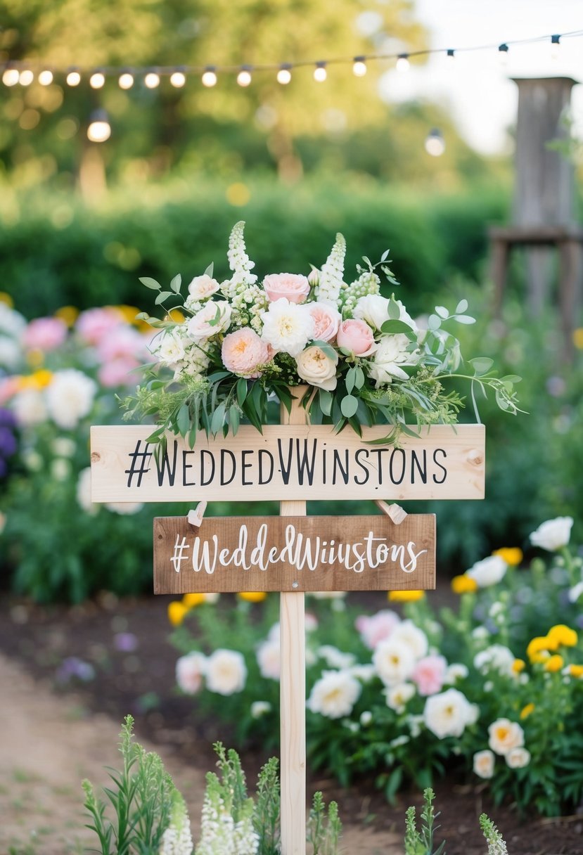 A beautiful outdoor wedding with a rustic wooden sign displaying the hashtag "#WeddedWinstons" surrounded by blooming flowers and twinkling string lights