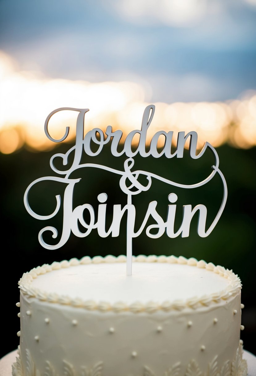 A decorative wedding cake topper with the names "Jordan" and "JoinsIn" intertwined in elegant script