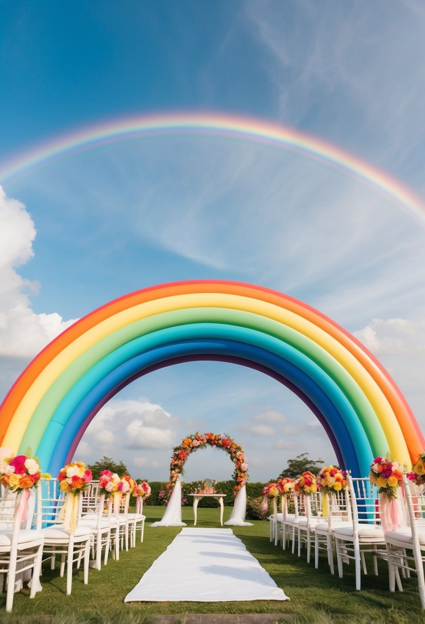 A colorful rainbow arches over a serene wedding setting, with vibrant flowers and decorations adorning the scene