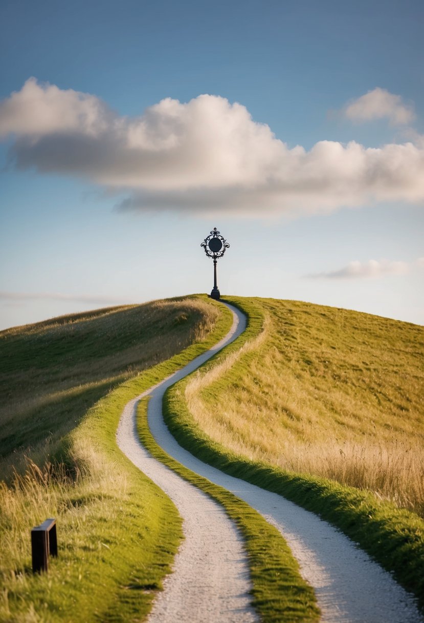 A winding path leading up a grassy hill with a decorative signpost at the top