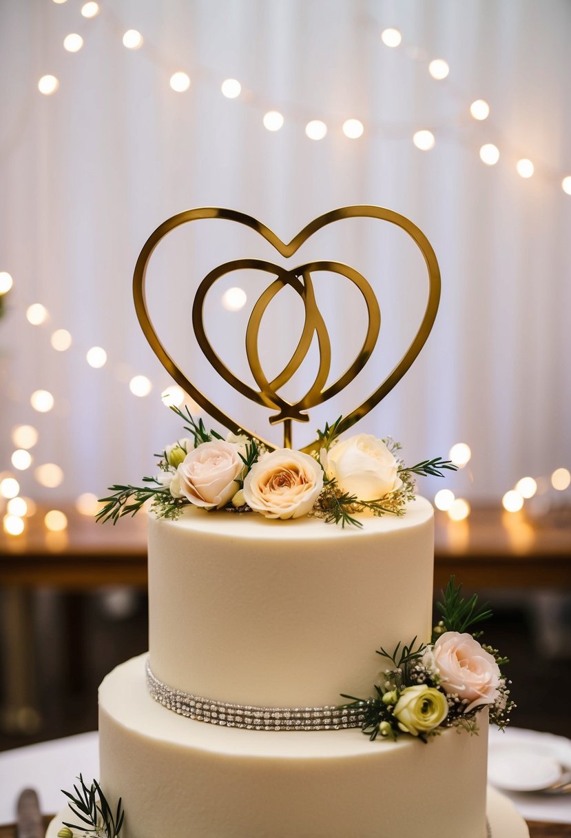 A heart-shaped wedding cake topper with intertwined initials, surrounded by delicate floral arrangements and twinkling fairy lights