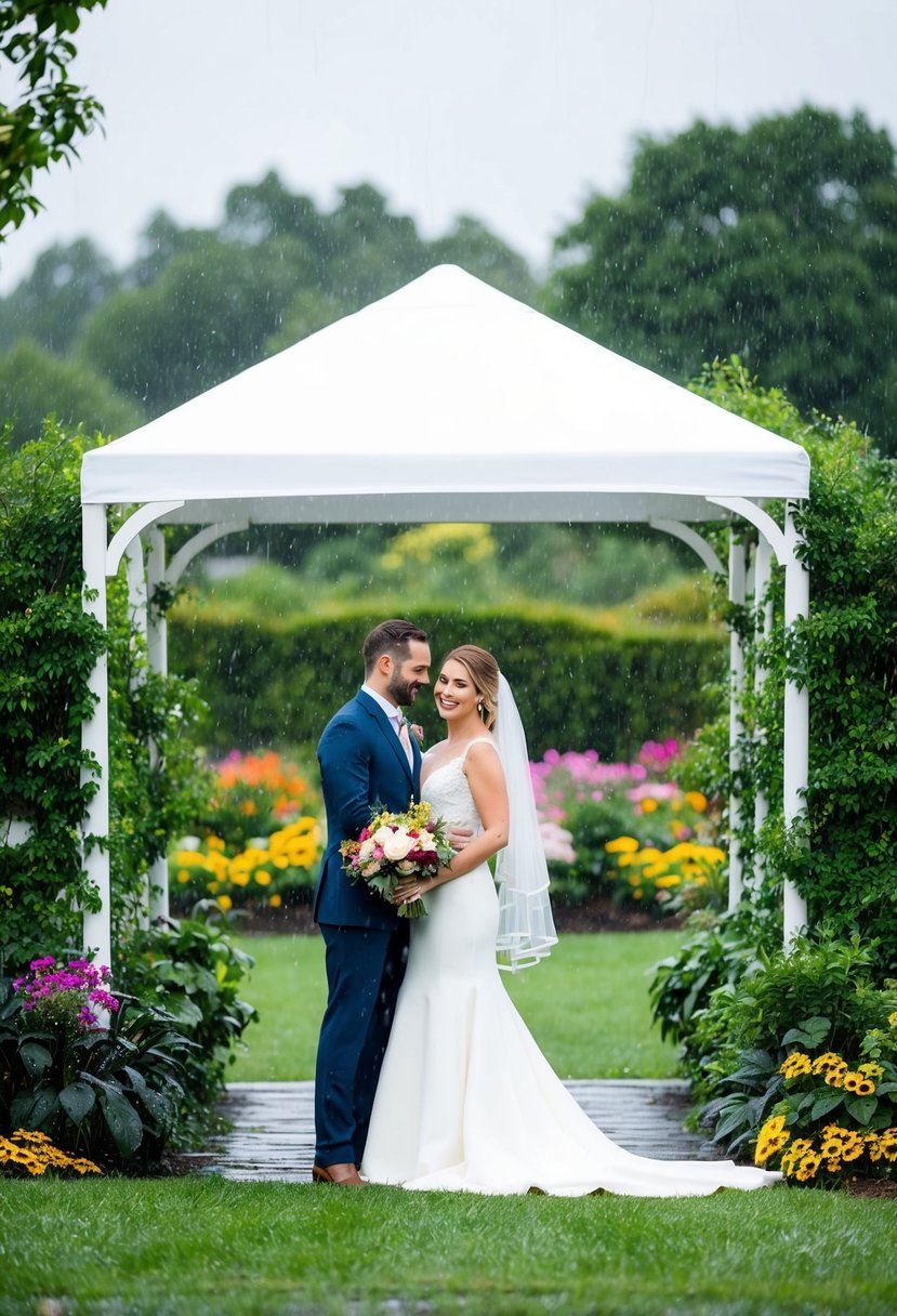 A couple standing under a white canopy, surrounded by lush greenery and colorful flowers, as raindrops fall gently around them