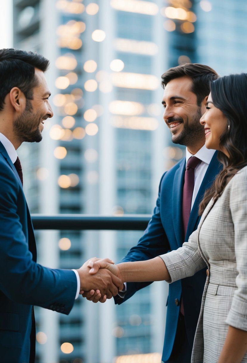 A man in a suit shaking hands with a smiling couple