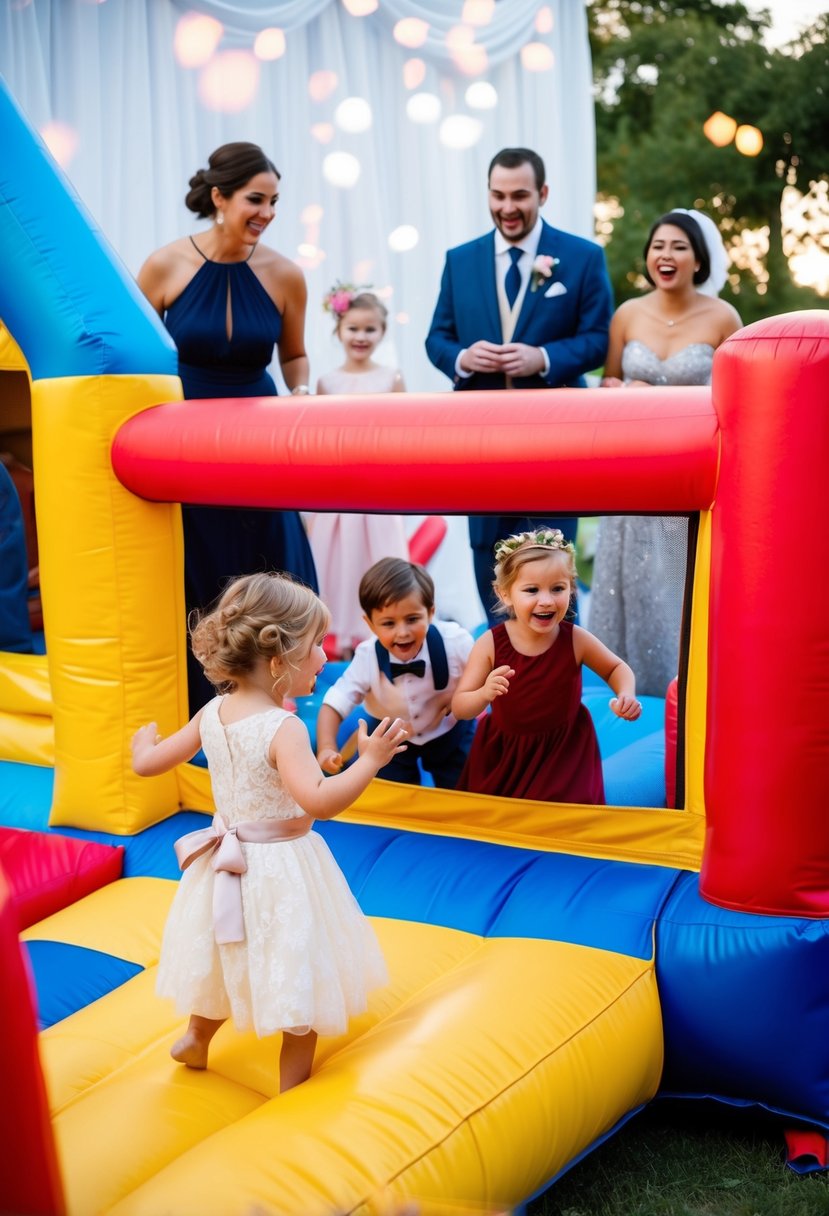 Children playing in a colorful bouncy castle at a wedding reception, while adults watch and laugh