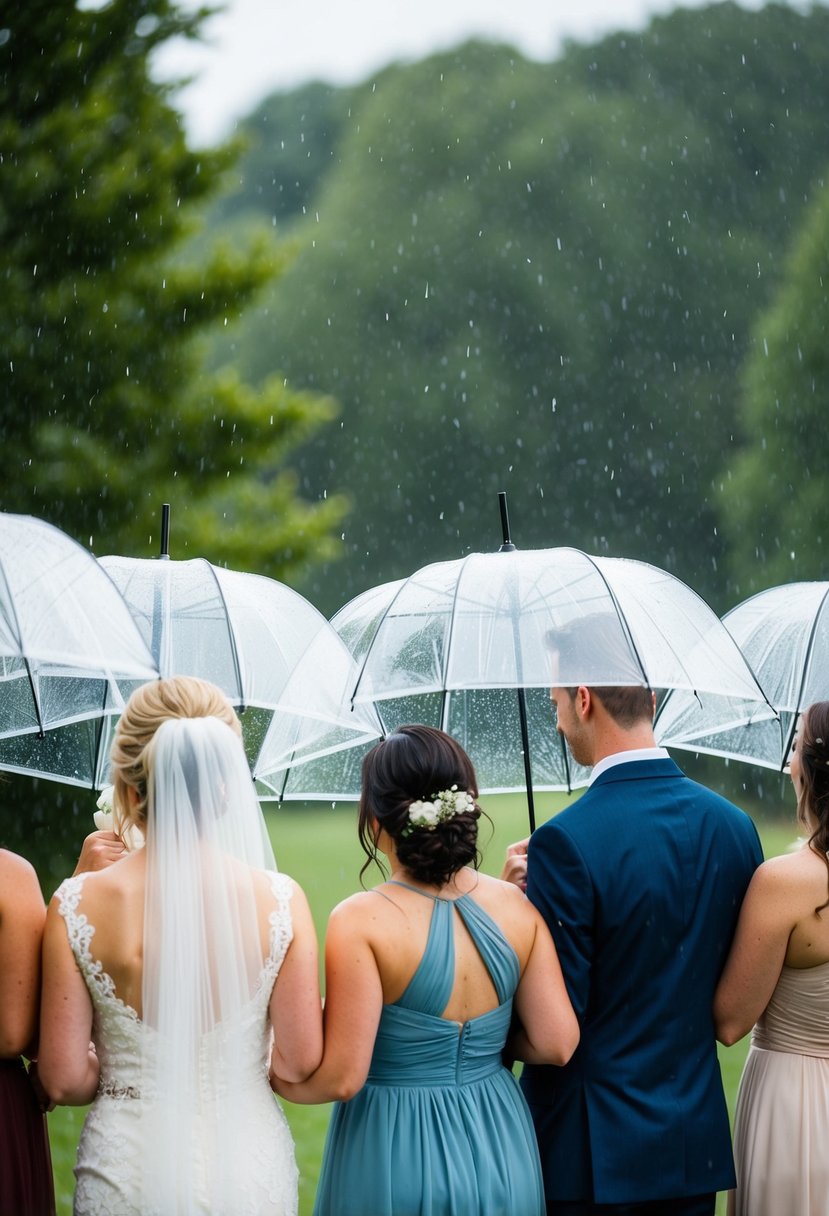 Bridal party under clear umbrellas in a light rain shower