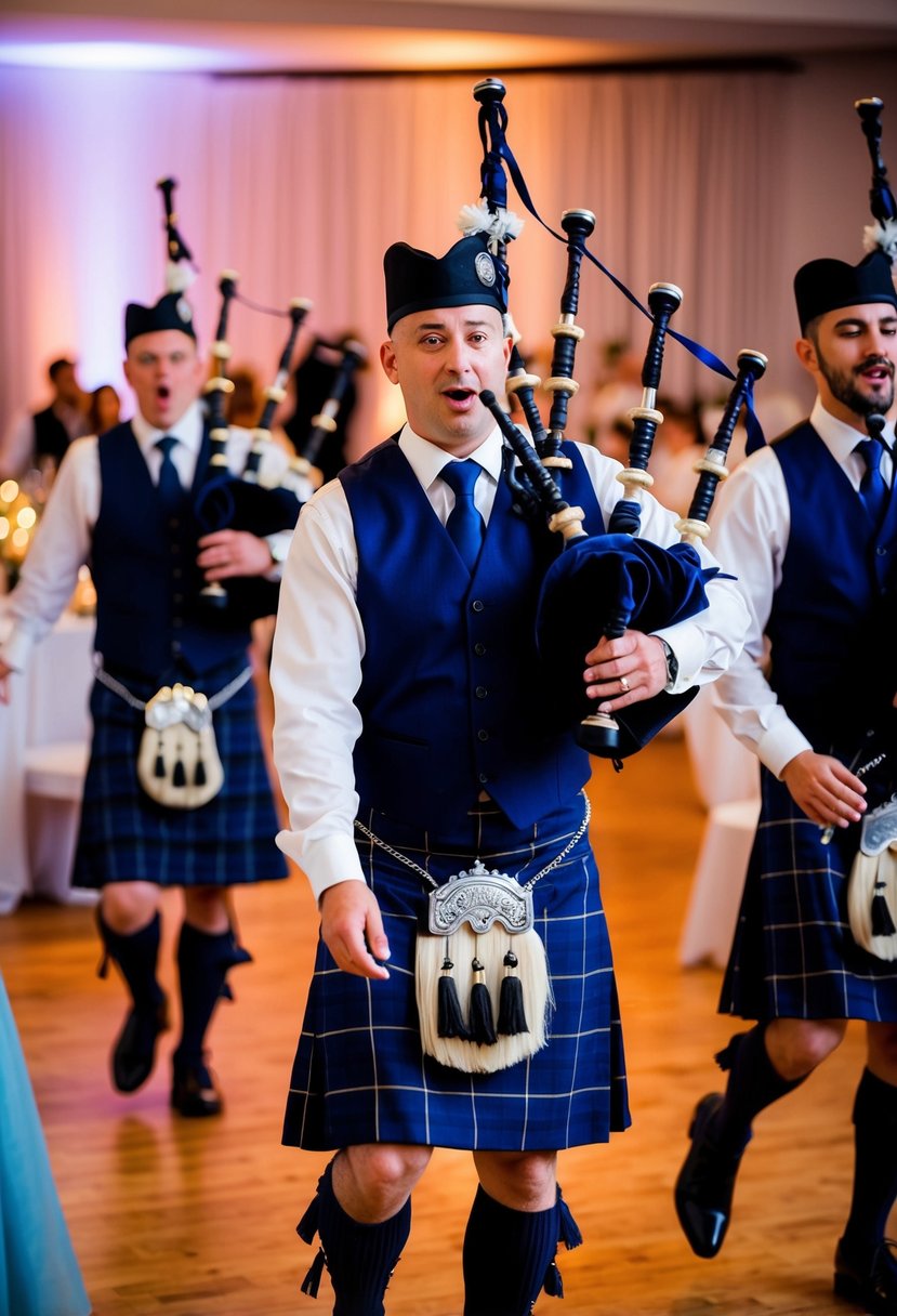 Bagpipers playing at a lively wedding reception, surprising guests with upbeat music and adding a festive touch to the celebration