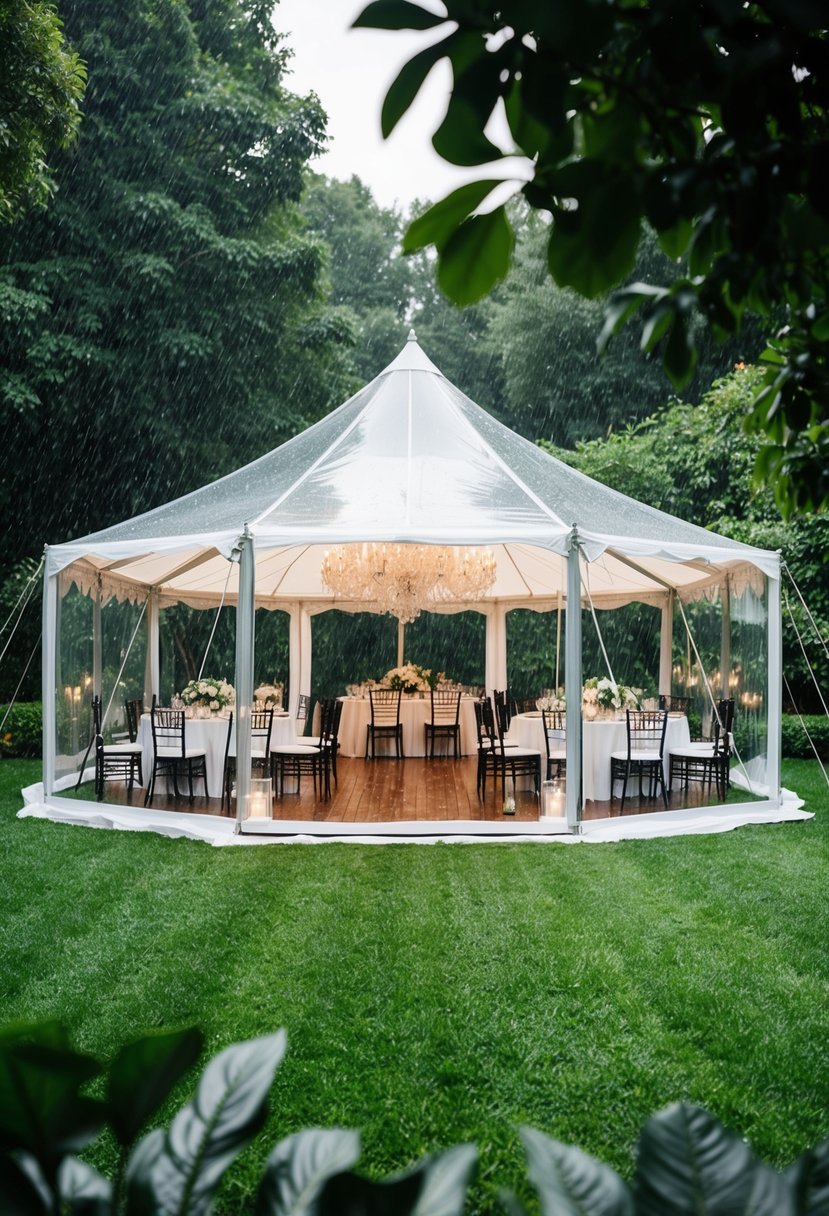 A stylish clear tent set up in a lush garden, rain gently falling, elegant wedding decor inside