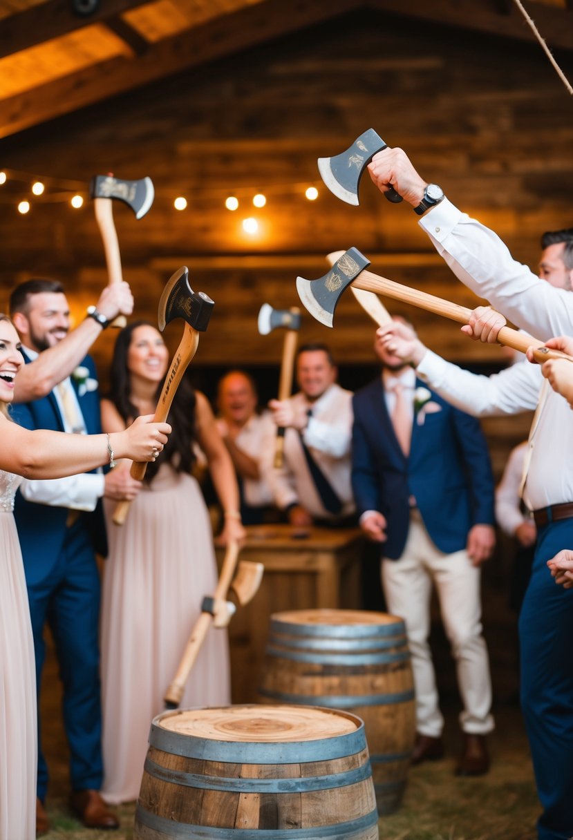 Guests cheer as axes fly towards wooden targets at a rustic wedding reception. The sound of clinking metal fills the air as friends and family compete in the lively game