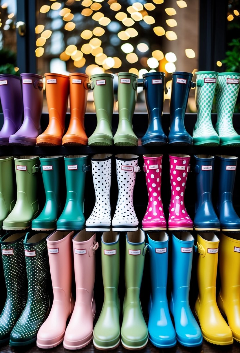 A collection of stylish rain boots arranged in various colors and patterns, paired with coordinating wedding outfits